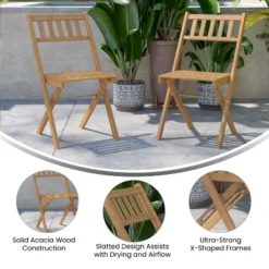 Emma And Oliver Set Of 2 All Natural Weather Resistant Acacia Wood Folding Patio Bistro Chairs In A Natural Finish With Protective Teak Oil Layer -Emma And Oliver GUEST bb71af7f f508 4593 85b0 cf04c52423ea