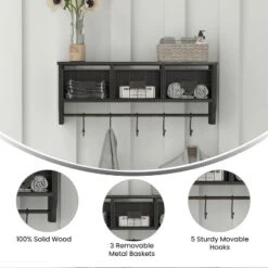 Emma And Oliver Rustic Country Wall Mounted Shelf With 5 Adjustable Sliding Hooks And Three Wire Storage Baskets -Emma And Oliver GUEST bc3f8ae2 be25 4834 ab5b bb746a74dc15