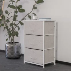 Emma And Oliver 3 Drawer Vertical Storage Dresser With Wood Top & Fabric Pull Drawers