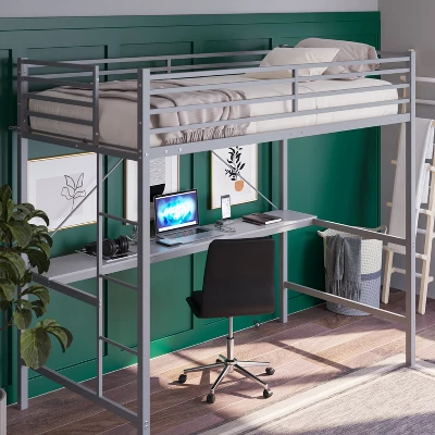 Emma And Oliver Metal Loft Bed Frame With Desk, Protective Guard Rails And Ladder For Kids, Teens And Adults 4 Emma And Oliver Metal Loft Bed Frame With Desk, Protective Guard Rails And Ladder For Kids, Teens And Adults - Image 4