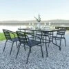 Emma And Oliver 5 Piece Patio Table & Chairs Set With 31.5"x55" Rectangular Metal Table With Tempered Glass Top And 4 Black Aluminum Stacking Chairs