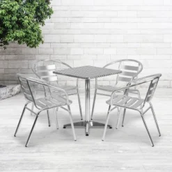 Emma And Oliver 23.5" Square Aluminum Table Set With 4 Slat Back Chairs