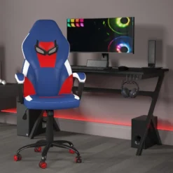 Emma And Oliver Faux Leather Ergonomic High Back Gaming Chair With Adjustable Seat Height, Lumbar Support And Padded Arms In Red, White & Blue