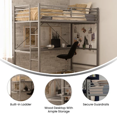 Emma And Oliver Metal Loft Bed Frame With Desk, Protective Guard Rails And Ladder For Kids, Teens And Adults 6 Emma And Oliver Metal Loft Bed Frame With Desk, Protective Guard Rails And Ladder For Kids, Teens And Adults - Image 6