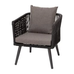 Emma And Oliver Black & Gray Woven All-Weather Four-Piece Conversation Set With Cushions & Metal Coffee Table For Porch, Backyard And Patio -Emma And Oliver GUEST c470aa6e a521 4a0e b894 2c9b227b0983