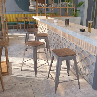 Emma And Oliver 4 Pack 24" High Backless Clear Coated Metal Counter Height Stool - Square Wood Seat 1 Emma And Oliver 4 Pack 24" High Backless Clear Coated Metal Counter Height Stool - Square Wood Seat