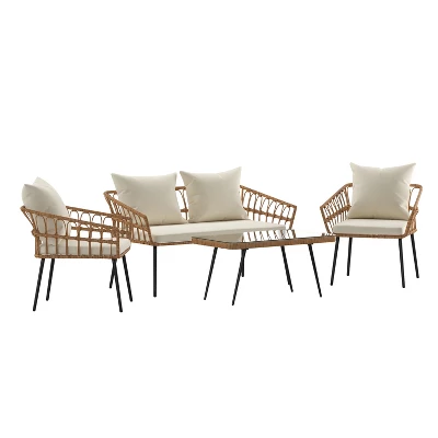 Emma And Oliver Four Piece Indoor/Outdoor Boho Open Weave Natural Rattan Rope Patio Set With Two Chairs, Loveseat And Table With Cushions 13 Emma And Oliver Four Piece Indoor/Outdoor Boho Open Weave Natural Rattan Rope Patio Set With Two Chairs, Loveseat And Table With Cushions - Image 13