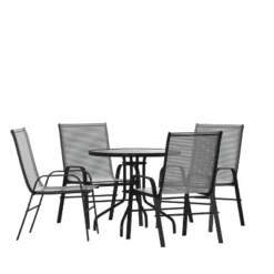 Emma And Oliver Five Piece Patio Table Set With Round Metal Table With Tempered Glass Top And 4 Flex Comfort Stacking Chairs -Emma And Oliver GUEST cf9c8e49 a7dd 4765 b441 02eec257d052