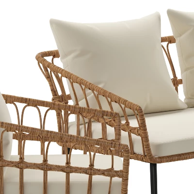 Emma And Oliver Four Piece Indoor/Outdoor Boho Open Weave Natural Rattan Rope Patio Set With Two Chairs, Loveseat And Table With Cushions 11 Emma And Oliver Four Piece Indoor/Outdoor Boho Open Weave Natural Rattan Rope Patio Set With Two Chairs, Loveseat And Table With Cushions - Image 11
