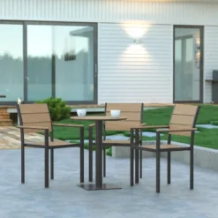 Emma And Oliver Outdoor Stacking Side Chair With Faux Teak Poly Slat Seat, Back And Arms And Metal Frame -Emma And Oliver GUEST d0bb4d7b af1b 4c9f aaac 134ceb894d77