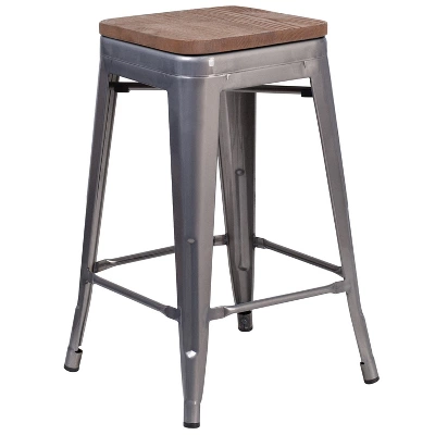 Emma And Oliver 4 Pack 24" High Backless Clear Coated Metal Counter Height Stool - Square Wood Seat 2 Emma And Oliver 4 Pack 24" High Backless Clear Coated Metal Counter Height Stool - Square Wood Seat - Image 2