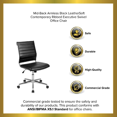 Emma And Oliver Mid-Back Armless LeatherSoft Ribbed Executive Swivel Office Chair 12 Emma And Oliver Mid-Back Armless LeatherSoft Ribbed Executive Swivel Office Chair - Image 12