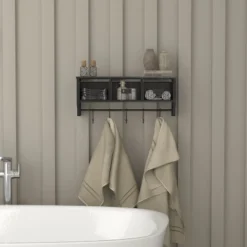 Emma And Oliver Rustic Country Wall Mounted Shelf With 5 Adjustable Sliding Hooks And Three Wire Storage Baskets -Emma And Oliver GUEST d6031d16 bd73 44e2 97c9 28fda2b0b7c2