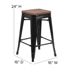 Emma And Oliver 24"H Backless Black Metal Counter Height Stool With Wood Seat -Emma And Oliver GUEST d69dd8b9 ee9c 43c8 ab1b 713c28c7db89