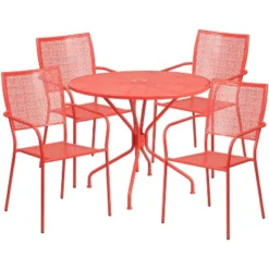 Emma And Oliver Commercial Grade 35.25" Round Metal Garden Patio Table Set, 4 Square Back Chairs -Emma And Oliver GUEST d6c81139 3a27 4a69 bd29 f0e733975acb