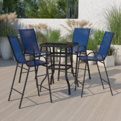 Emma And Oliver 5 Piece Outdoor Bar Height Set-Glass Patio Bar Table-All-Weather Barstools