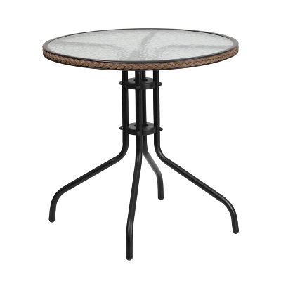 Emma And Oliver 28" Round Tempered Glass Metal Table With Rattan Edging 3 Emma And Oliver 28" Round Tempered Glass Metal Table With Rattan Edging - Image 3