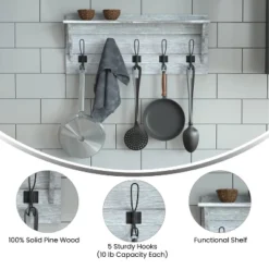 Emma And Oliver Rustic Country Wall Mounted Entryway Shelf With 5 Rustic Hooks And Wood Construction -Emma And Oliver GUEST dedcce16 f791 4623 95a4 5b0102b8d49d