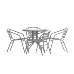 Emma And Oliver 31.5'' Round Glass Top Metal Table With 4 Aluminum Slat Stack Chairs -Emma And Oliver GUEST dee32d54 33db 40df 9fff 4d0d99d391da
