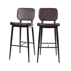 Emma And Oliver Set Of 2 LeatherSoft Barstools With Iron Frame-Integrated Footrest