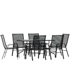 Emma And Oliver Seven Piece Patio Table Set With Metal Table With Tempered Glass Top And 6 Flex Comfort Stacking Chairs -Emma And Oliver GUEST e0992ffc decb 4ff5 9b12 d52b7d9f7c05