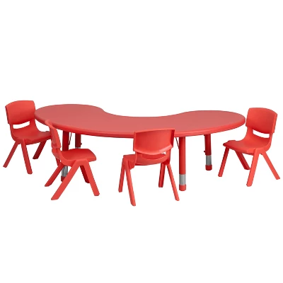 Emma And Oliver 35"W X 65"L Half-Moon Plastic Height Adjustable Activity Table Set With 4 Chairs 1 Emma And Oliver 35"W X 65"L Half-Moon Plastic Height Adjustable Activity Table Set With 4 Chairs