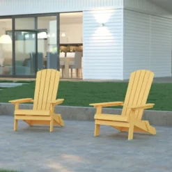 Emma And Oliver Set Of 2 Indoor/Outdoor Poly Resin Folding Adirondack Chairs, All-Weather Chairs For Porch, Patio, Or Sunroom