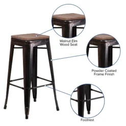 Emma And Oliver 30"H Backless Black-Antique Gold Metal Barstool With Wood Seat -Emma And Oliver GUEST e72b69ef 959f 42ce a9e7 7f83f6e6ae64