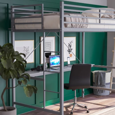 Emma And Oliver Metal Loft Bed Frame With Desk, Protective Guard Rails And Ladder For Kids, Teens And Adults 5 Emma And Oliver Metal Loft Bed Frame With Desk, Protective Guard Rails And Ladder For Kids, Teens And Adults - Image 5