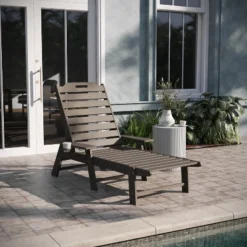 Emma And Oliver Poly Resin Adjustable Adirondack Lounger With Swivel Cup Holder For Indoor/Outdoor Use