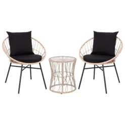 Emma And Oliver 3 Piece Boho Patio Set - Faux Rattan Rope Papasan Style Chairs With Cushions And Glass Topped Side Table -Emma And Oliver GUEST f571727a cea4 44c9 a045 9929aea5ffeb