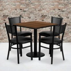 Emma And Oliver 30" Square Walnut Laminate Table Set, 4 Grid Back Metal Chairs