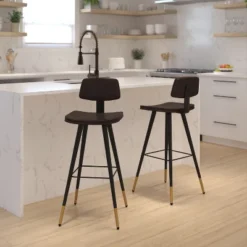 Emma And Oliver Set Of 2 Commercial Grade LeatherSoft Barstools With Gold Tipped Iron Legs