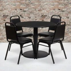 Emma And Oliver 28 Emma And Oliver 36" Round Laminate Table Set With 4 Trapezoidal Banquet Chairs