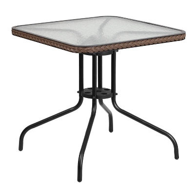 Emma And Oliver 28" Square Tempered Glass Metal Table With Rattan Edging 8 Emma And Oliver 28" Square Tempered Glass Metal Table With Rattan Edging - Image 8