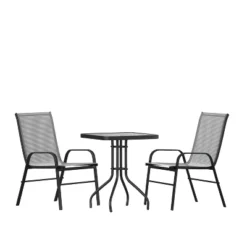 Emma And Oliver Three Piece Patio Table Set With Square Metal Frame Table With Tempered Glass Top And Two Flex Comfort Stacking Chairs -Emma And Oliver GUEST fb881a18 25a9 4ed6 8160 26a270226dd8