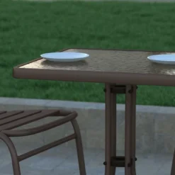 Emma And Oliver 23.5" Square Tempered Glass Metal Table With Smooth Ripple Design Top -Emma And Oliver GUEST fca4fccb ad8b 484e 9b60 31ddae1a8ca3