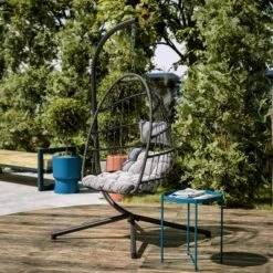Emma And Oliver Awen Foldable Hanging Egg Chair With Woven Finish, Removable Cushions, And Included Stand For Indoor And Outdoor Use -Emma And Oliver GUEST fd533f14 99cb 4e53 bf8a 8c0dfd40225f
