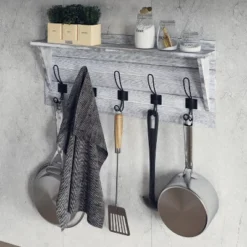 Emma And Oliver Rustic Country Wall Mounted Entryway Shelf With 5 Rustic Hooks And Wood Construction -Emma And Oliver GUEST fe2268c2 14c7 41ef 97e3 c6fd992e6fee